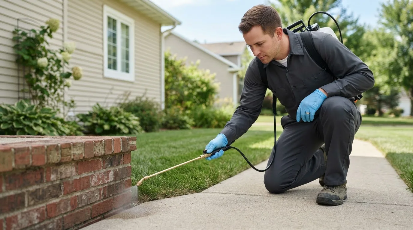 Pest control technician treating a home near Lynden, WA